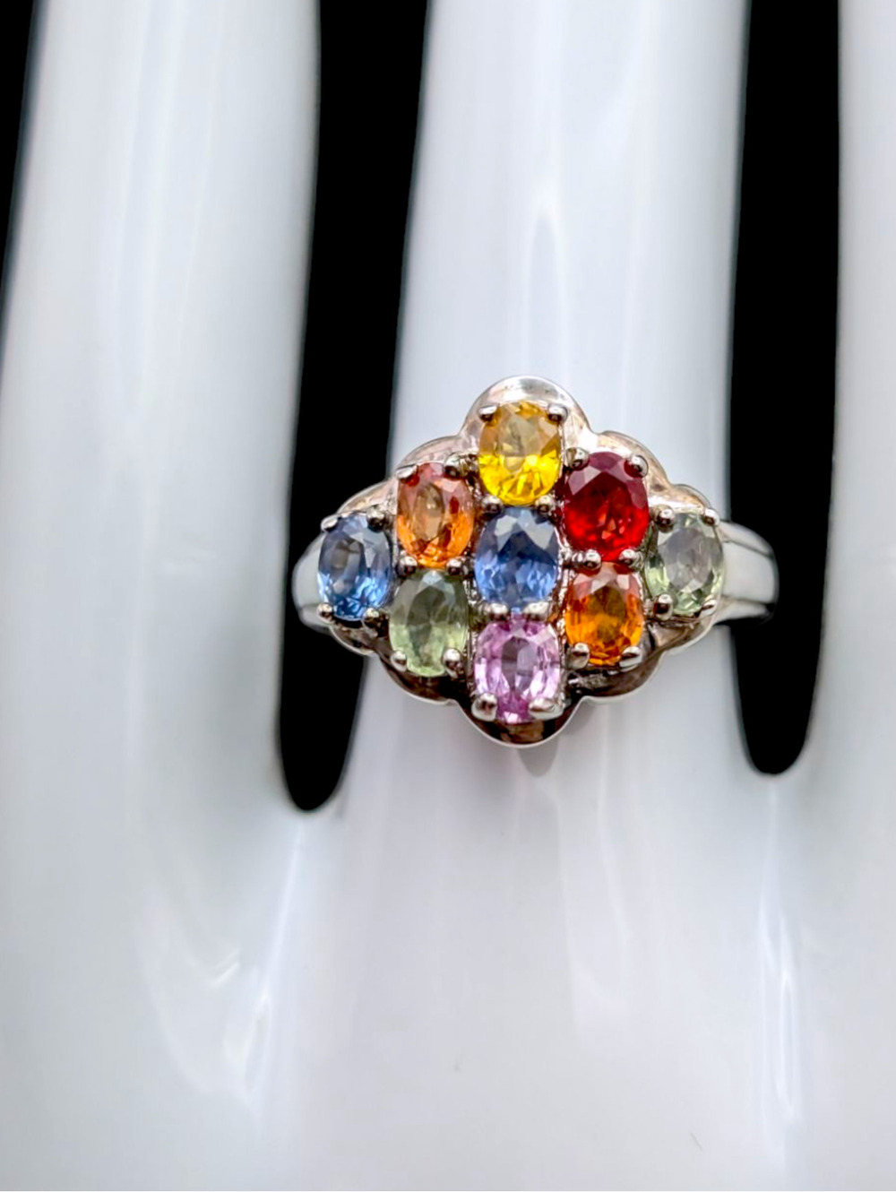Vintage Rainbow Genuine Fancy Sapphire Sterling Silver Cluster Ring
